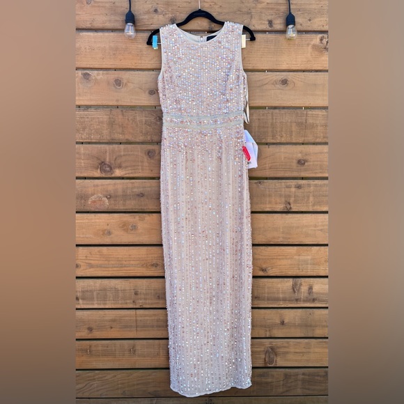 NWT Mac Duggal sequined high neck sleeveless column gown 93603, Nude, Sz 2 - Picture 1 of 14